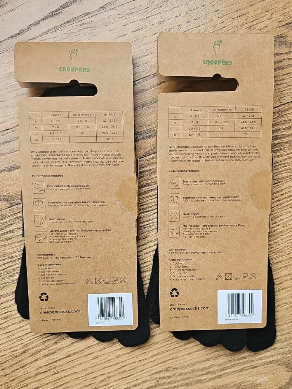 Creepers Merino Toe Socks Ankle 2.0 — Black, Large, 2 Pair, NWT